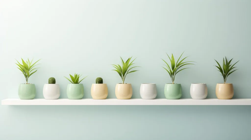 A minimalist living room with a large window, showcasing a set of green plant pots, each with a distinct color