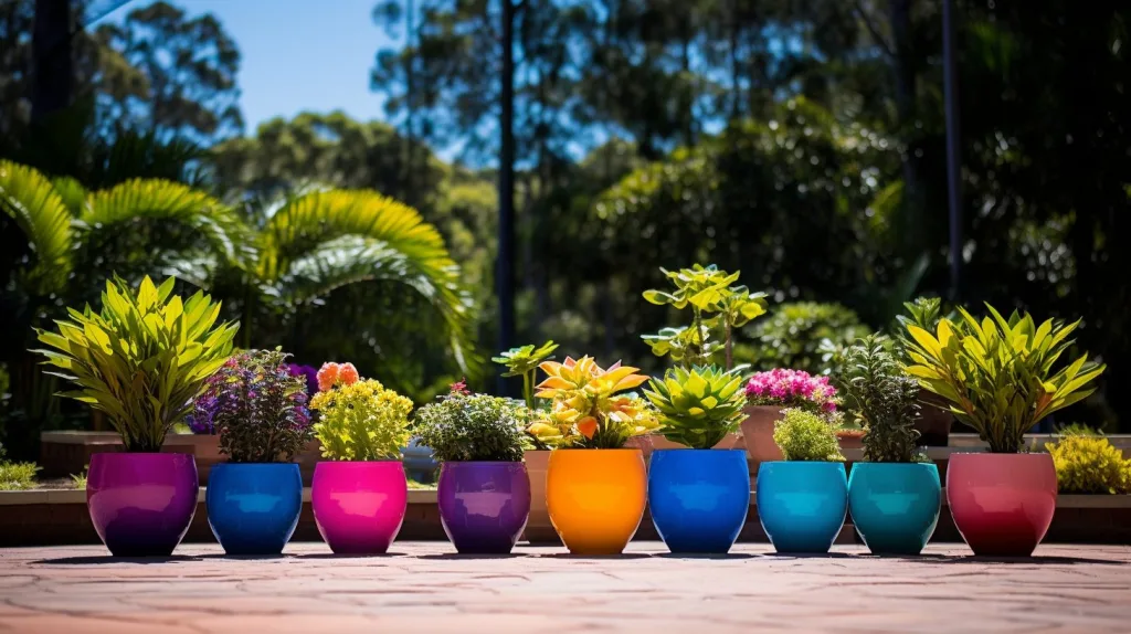 Balancing colors in your garden with a variety of vibrant plant pots, creating a rainbow effect that complements the lush greenery and flowers