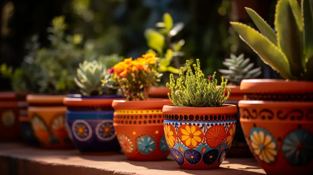 Tips for Choosing the Best Color for Your Plant Pots, vibrant terracotta pots with intricate designs and patterns