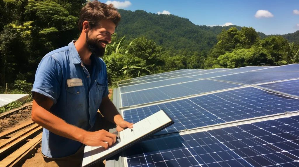 A man standing in front of a solar panel installation in the rainforest, Costa Rica, calculating the upfront costs of installing solar power