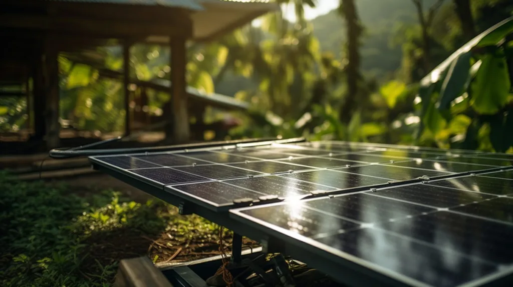 A close - up shot of a solar panel being installed on a remote off - grid property in the rainforest of costa rica