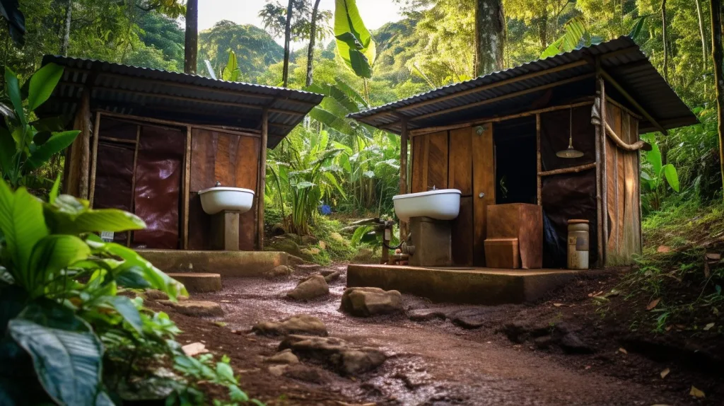 A image of composting toilets in an off - grid environment outside an off the grid home in the rainforest, costa rica