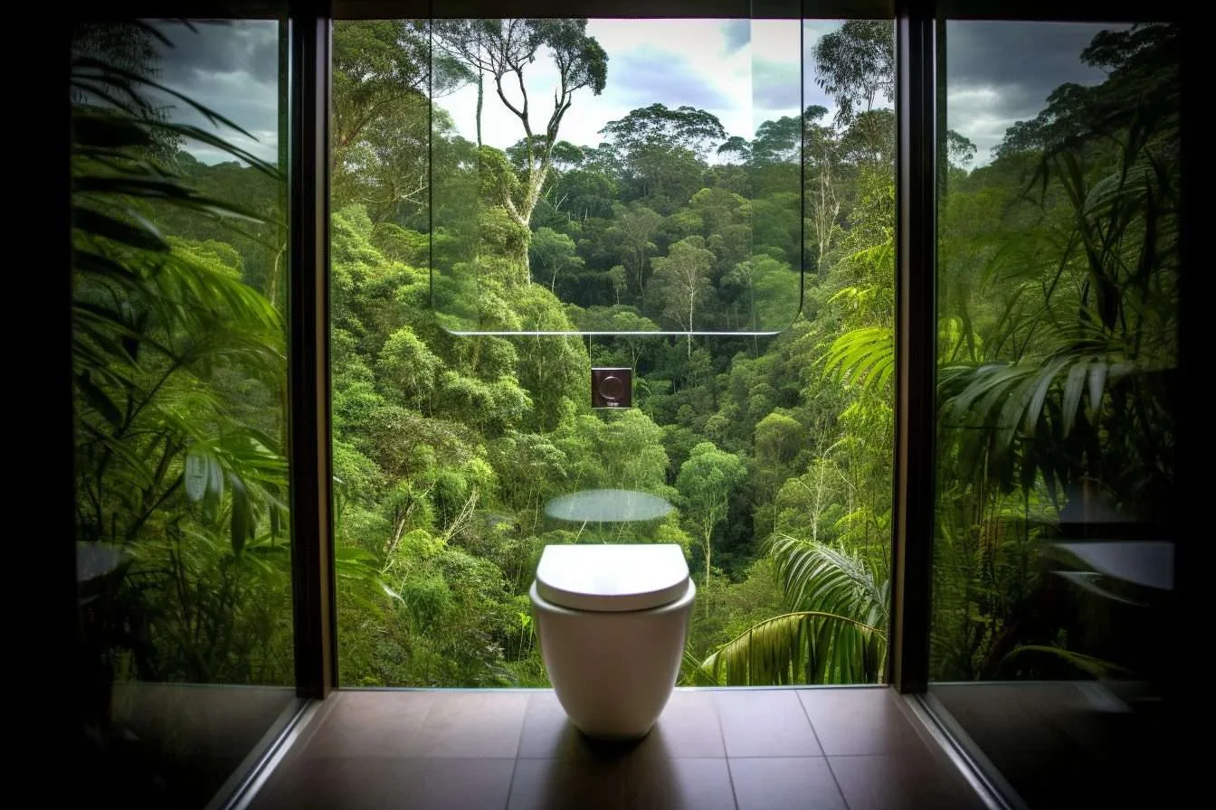 a modern toilet with a view of the rainforest 