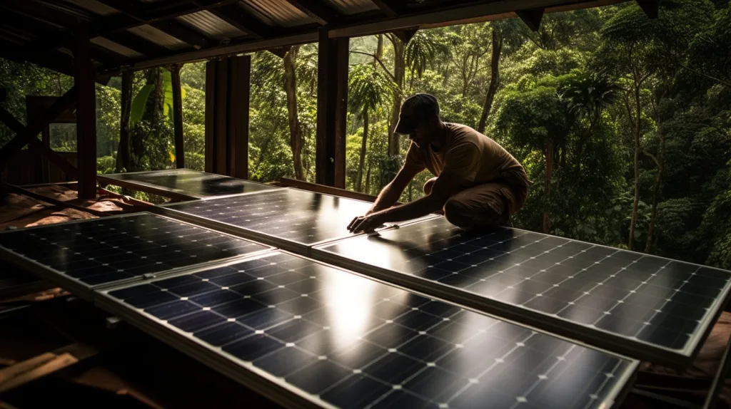 A man installing solar panels on his off the grid cabin in the rainforest, Costa Rica.