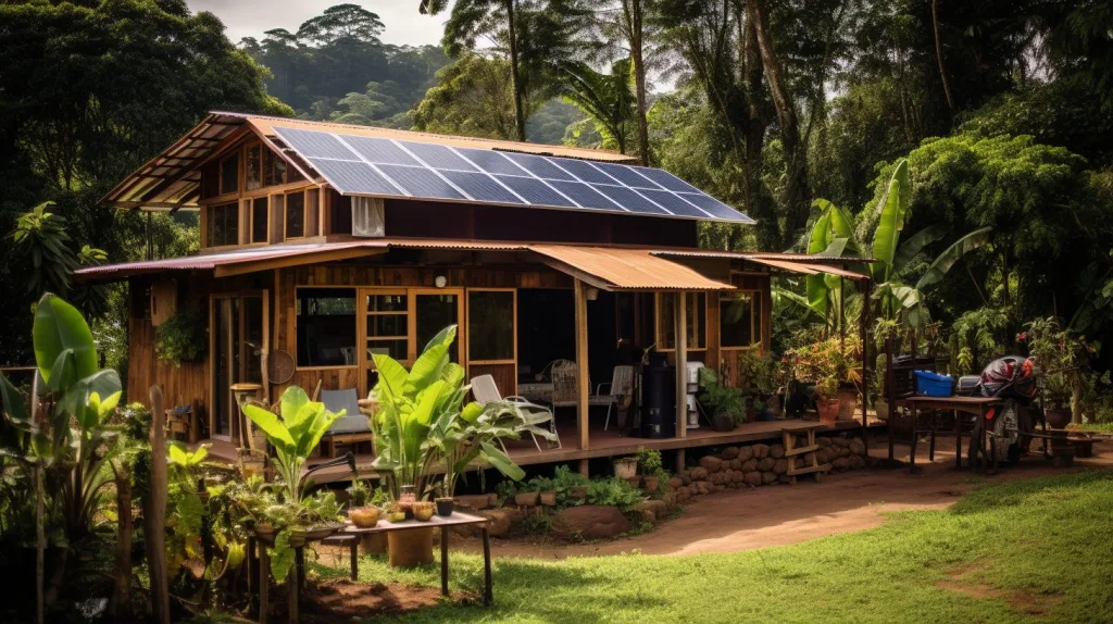 A cozy off the grid cabin in the Costa Rican jungle, surrounded by towering trees, depicting the top advantages of off - the - grid living