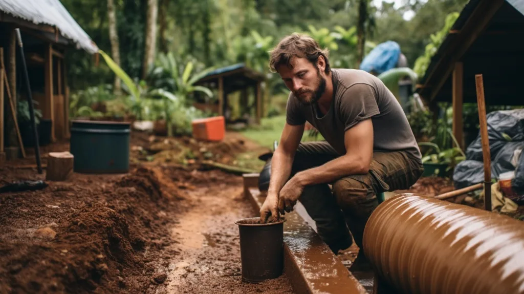 An image of a young man digging a trench at his off the grid home in the rainforest, Costa Rica