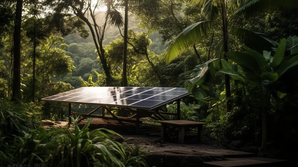 An awe - inspiring off - grid solar power system nestled amidst a lush tropical rainforest in Costa Rica, with towering trees and vibrant vegetation all around