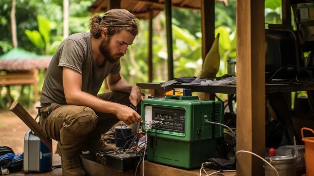 A image of maintaining and caring for off - grid appliances at an off the grid cabin in the rainforest, costa rica