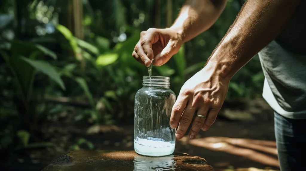 A image of chlorine bleach as an off - grid water filtration solution at an off the grid in the rainforest, costa rica