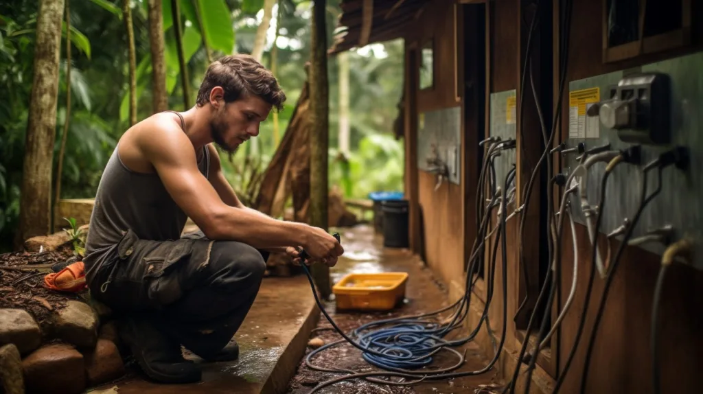 An image of a young man cleaning the outlet pipes on the exterior of his off the grid home in the rainforest, Costa Rica.