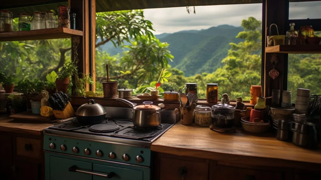 An innovative off - grid stove/ oven nestled in a cozy cabin kitchen, emitting a warm glow, with a rustic wooden countertop
