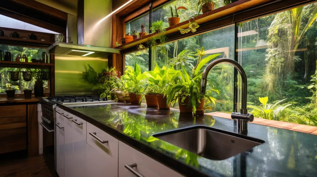 A modern kitchen in an off the grid home in the rainforest, costa rica with off - grid appliances, showcasing the efficient use of water