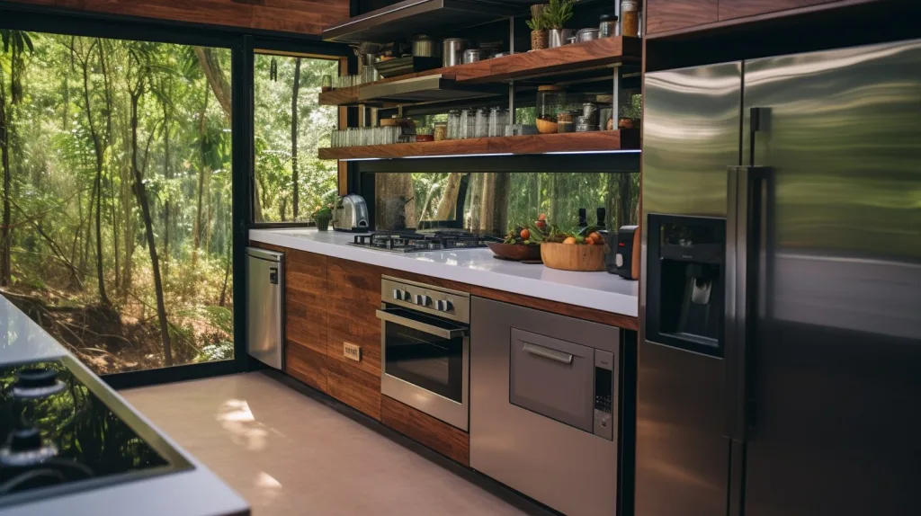 A modern kitchen in the rainforest with sustainable appliances
