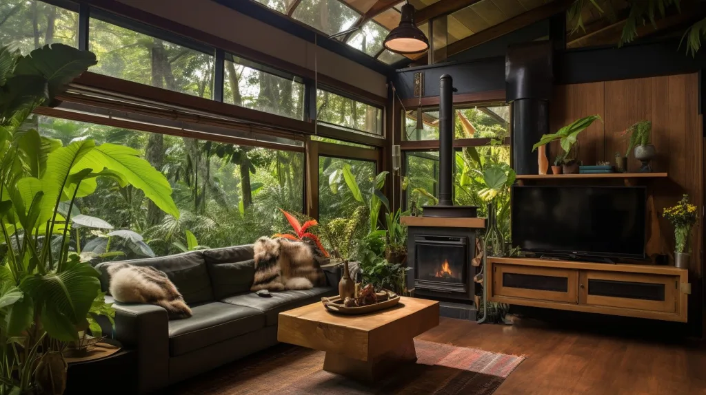 A living room with sustainable appliances in a modern off-grid home