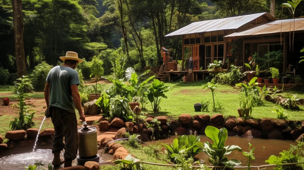 An image of a man watering his vegetable garden at his off the grid home in the rainforest, Costa Rica.