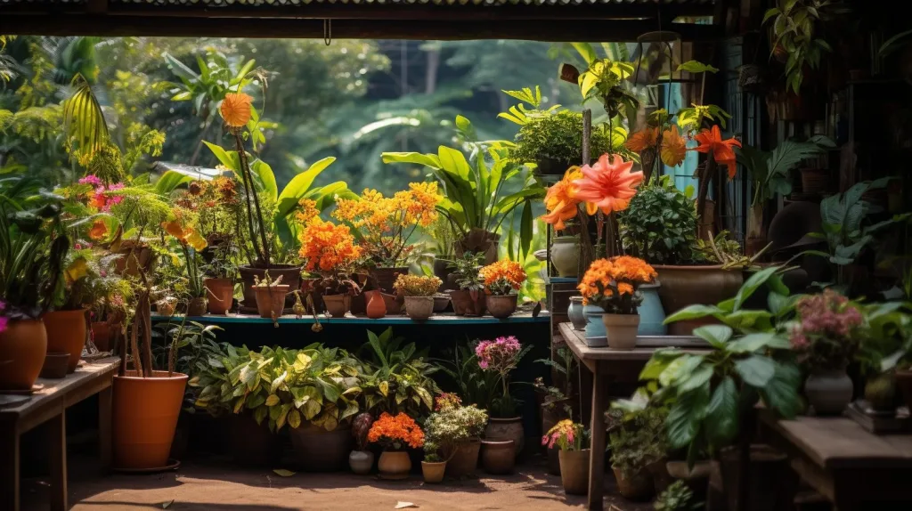 a collection of garden pots full of flowers in bloom