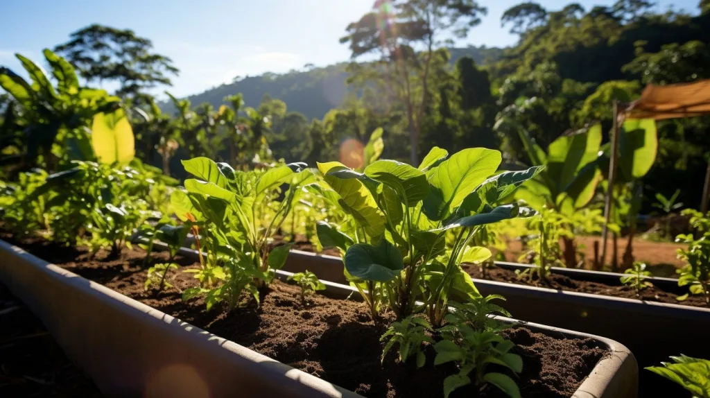 Several plants being grown ouside in raised garden beds
