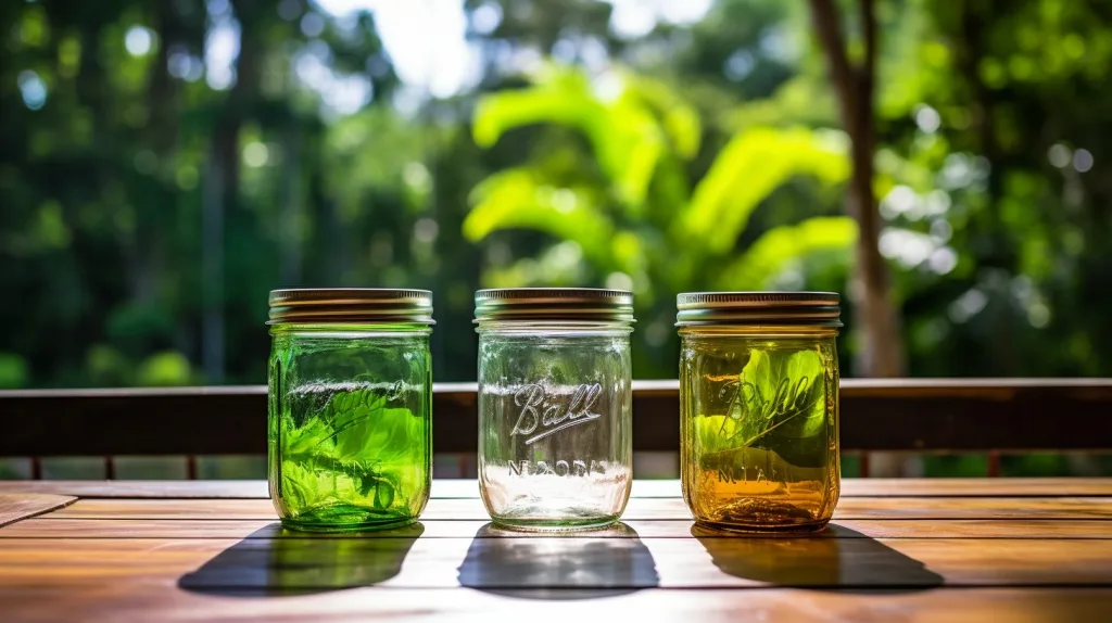 a row of 3 empty glass jars reflecting the sunlight