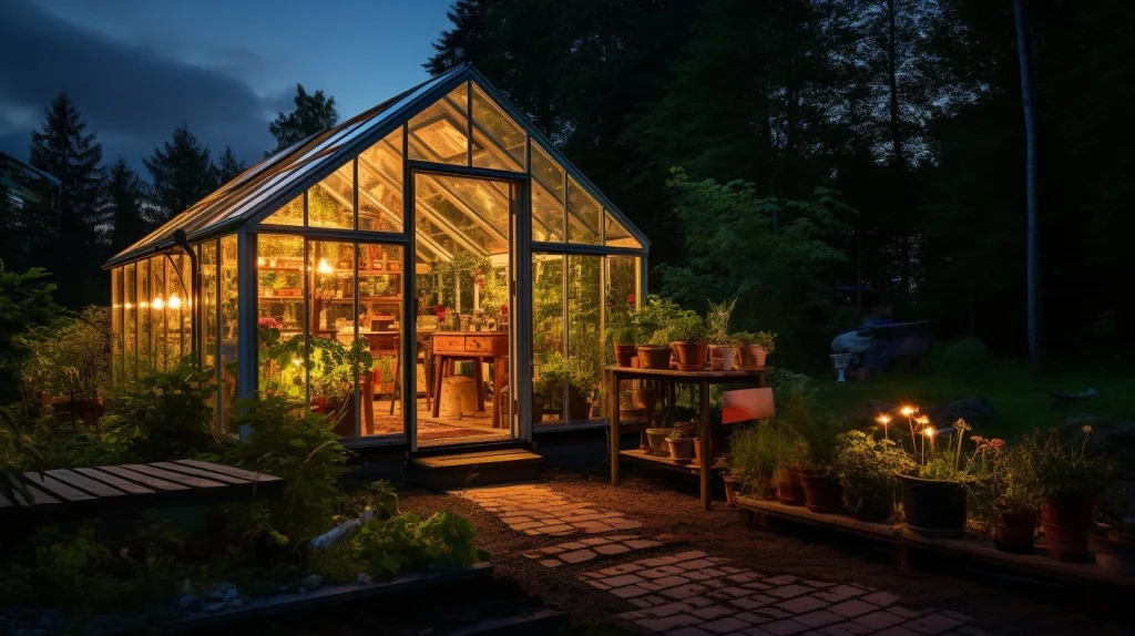 A greenhouse lit up at night with internal lighting