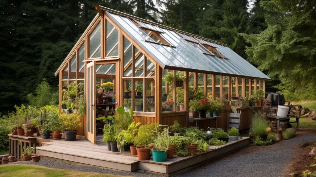 A greenhouse full of plants inside and around the structure