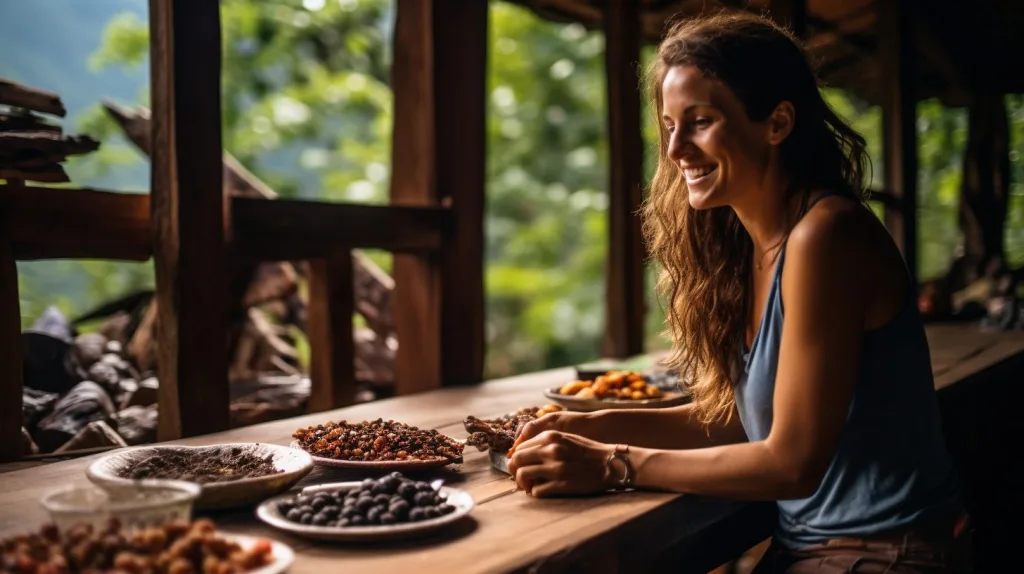 A woman enjoying different style dried foods at her off-grid home