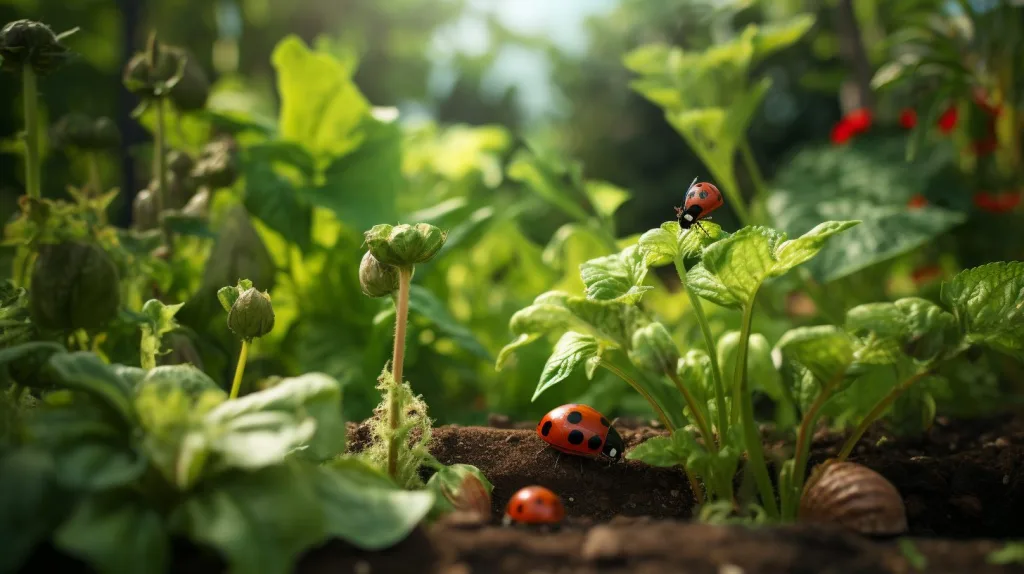 A family of ladybugs enjoying various plants in a garden bed