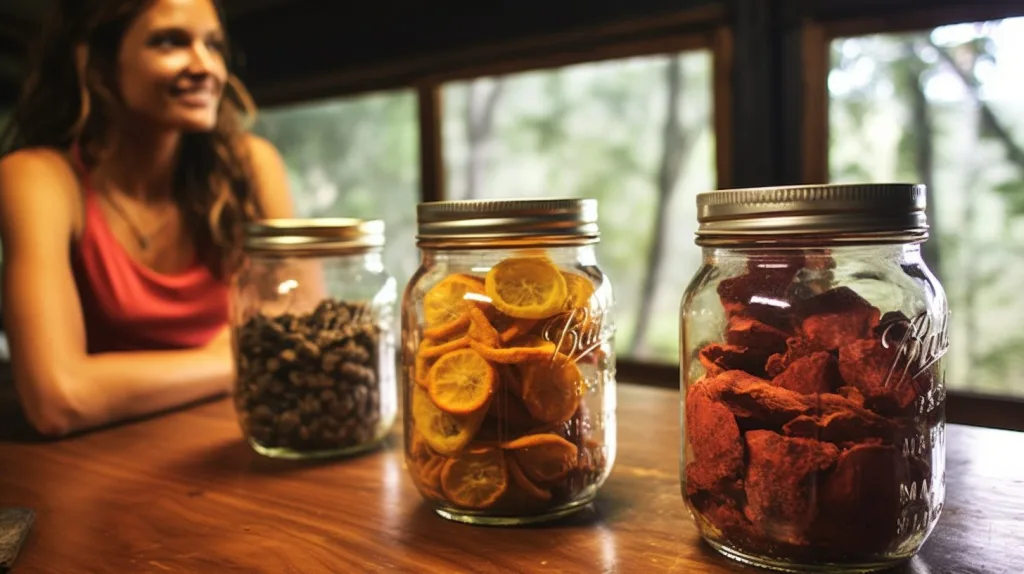 A woman with three jars of dried fruits and nuts