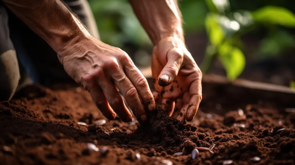 A man planting seeds in soil with his bear hands