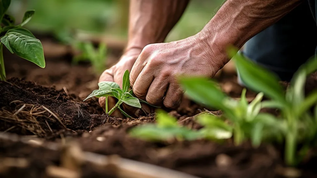 A man practicing Natural pest and weed control and pulling weeds from his vegetable garden bed