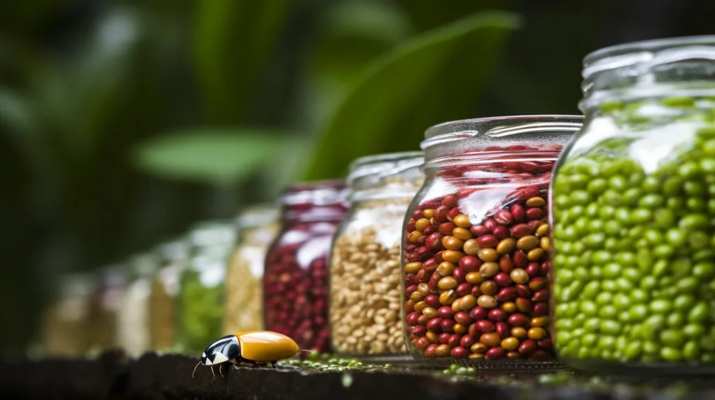 a collection of glass jars all filled with different seeds