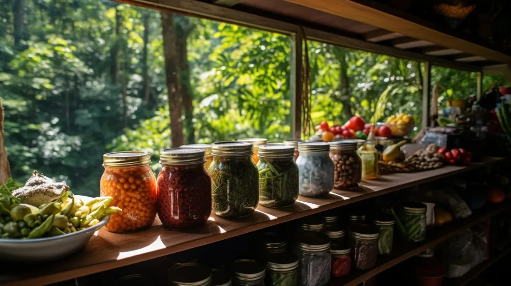 A selection of jarred food along a shelf at an off-grid homestead