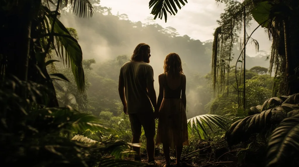 A couple in the rainforest being romantic