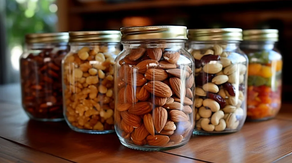 A series of glass jars containing several types of nuts and fruits 