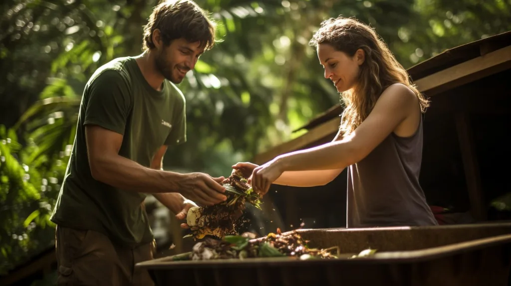 A young off-grid couple sorting through compost