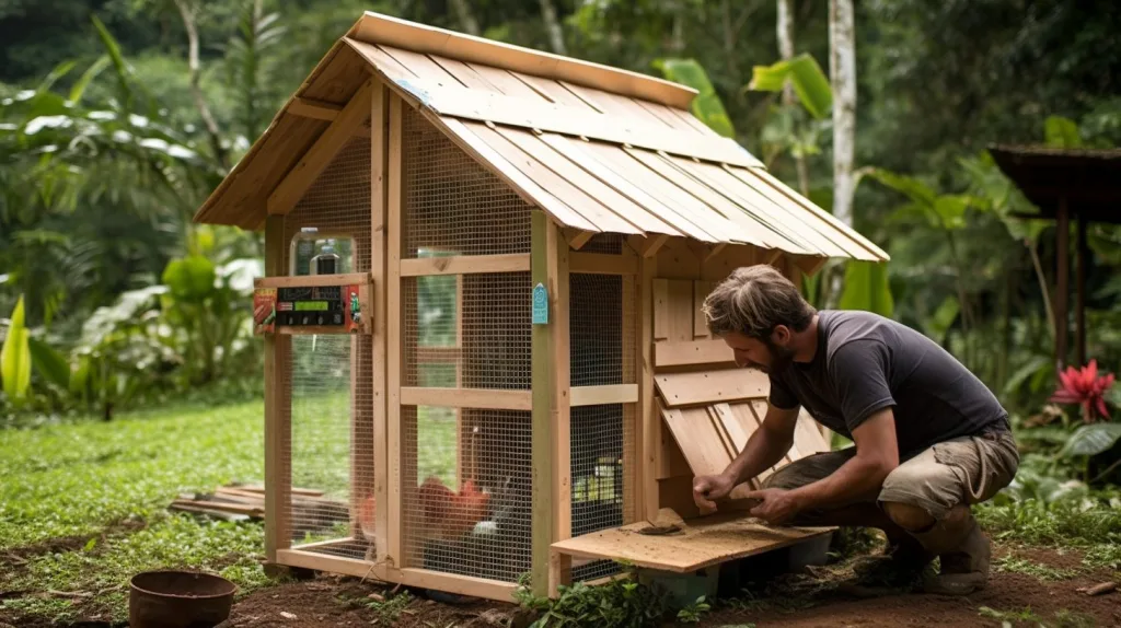A man feeding his chickens from outside a chicken coop