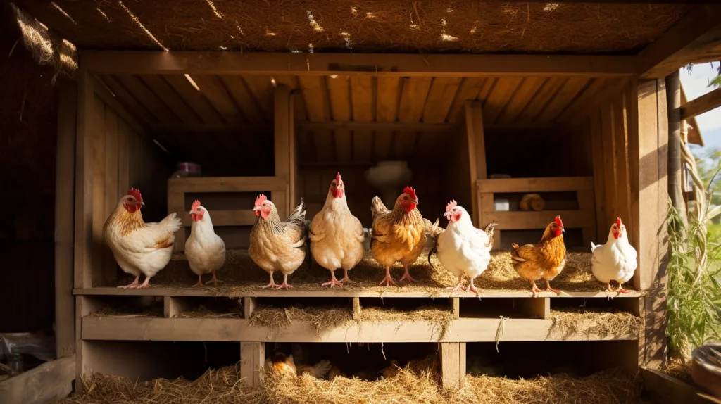 Chickens perched on a ledge inside their chicken coop