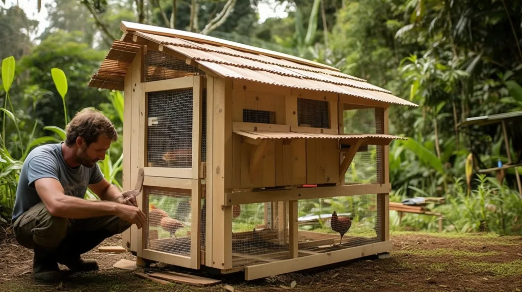 A man building a chicken coop