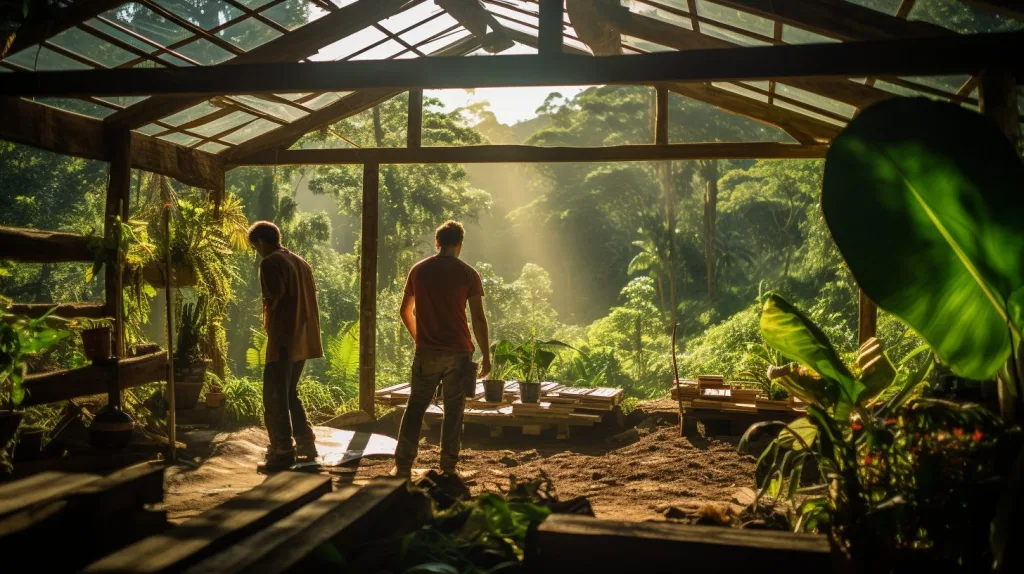 Two men build a greenhouse off-grid in the rainforest