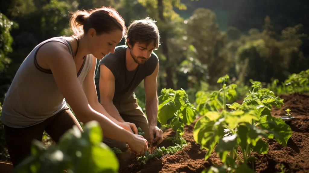 A young off-grid couple planting seeds in their off-grid garden