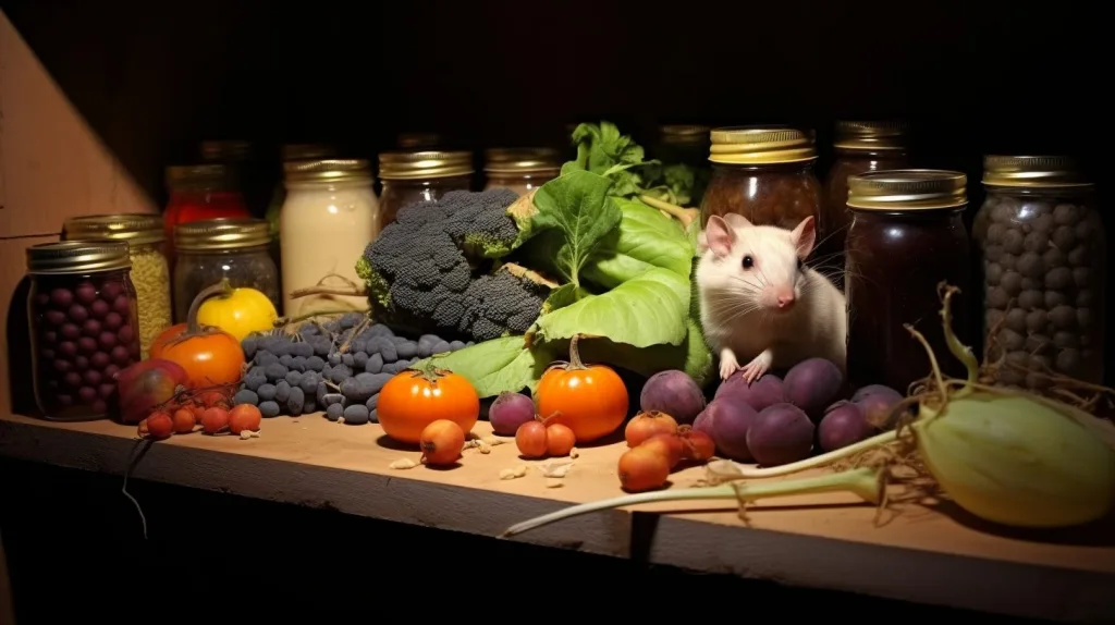 A rat amongst food storage in a root cellar