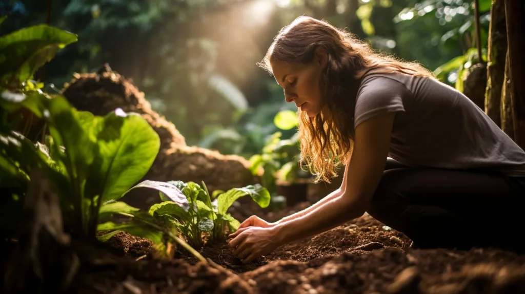 A woman tending to her off-grid garden and building healthy soil
