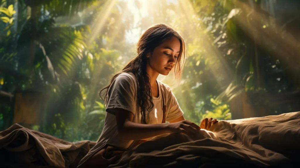 A worker holding sustainable fabric in an ethically produced enviroment.