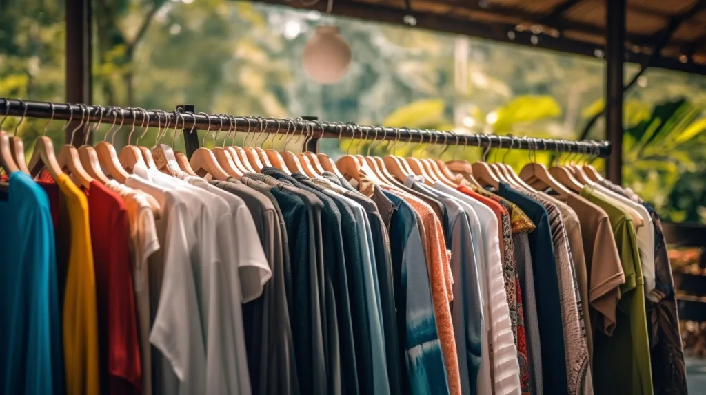 A hanger with a variety of eco-friendly and sustainable clothing options.