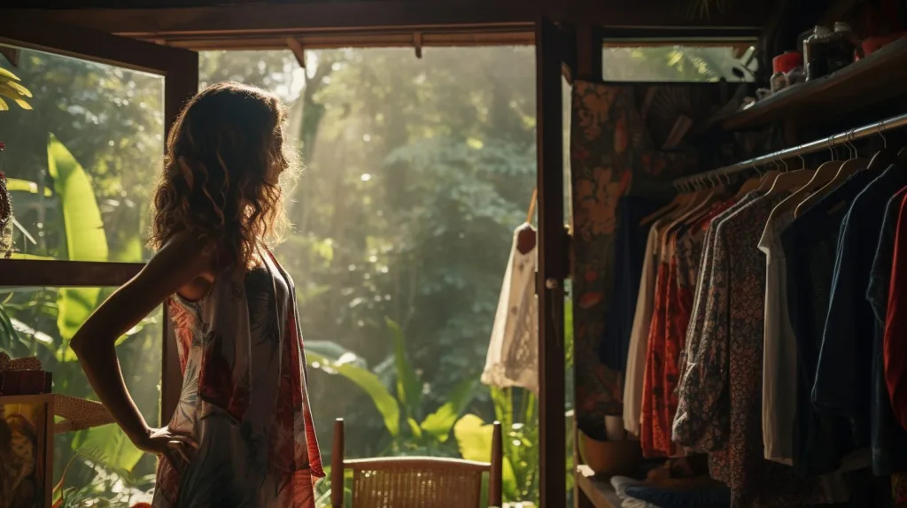 A minimalist wardrobe closet showcasing essential clothing items in an organized manner.