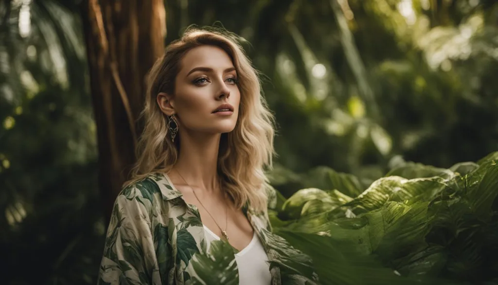 A woman in the jungle modeling sustainable fabrics