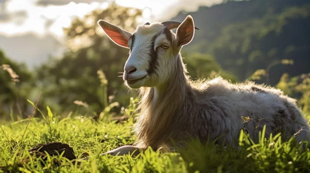A single goat enjoying life and lying down in a meadow 