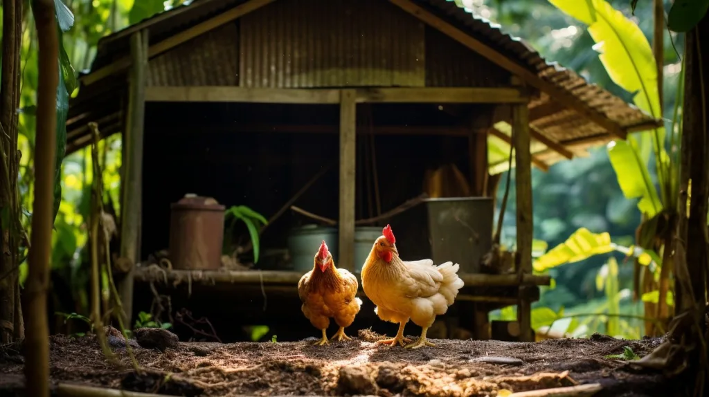 A couple chickens standing in front of an off-grid shed