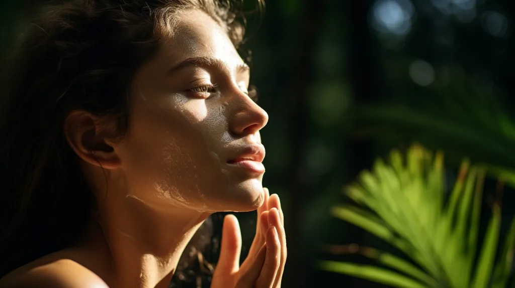 a woman applying makeup outside in the jungle