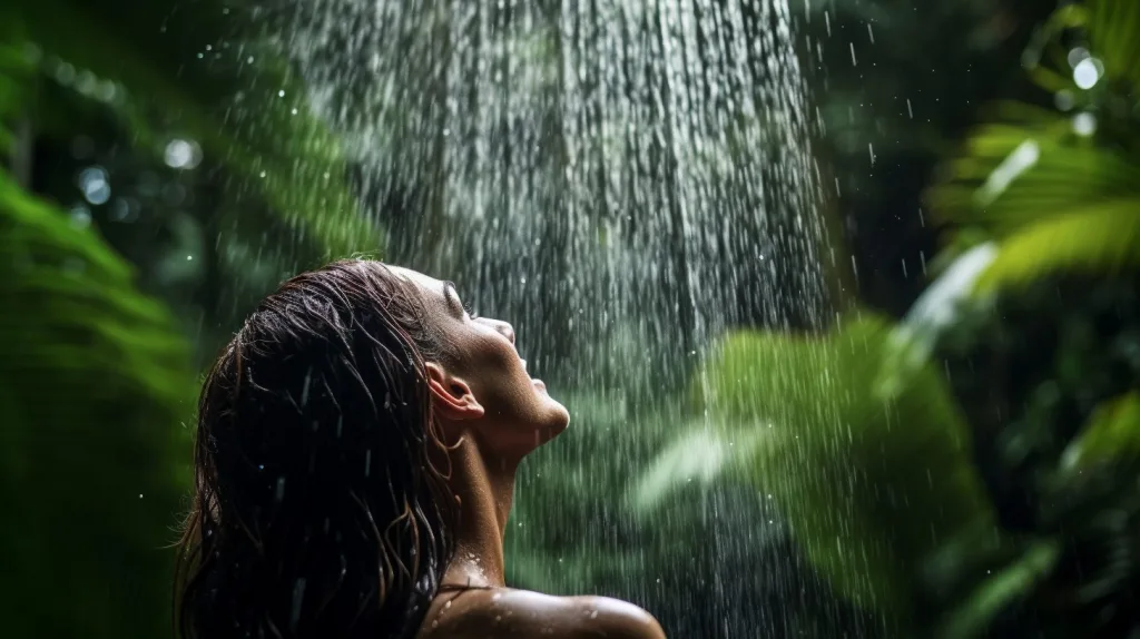 woman enjoying shower outside in the rainforest