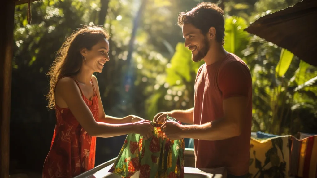 a young couple hand washing their clothes together